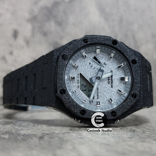 Casioak Mod Watch Frosted Black Case Metal Strap Gray Silver Time Mark Starry Silver Dial 44mm