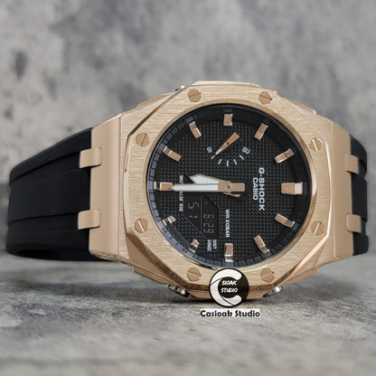 Casioak Mod Watch Offshore Superior Rosegold Case Black Rubber Strap Black Rosegold Time Mark Black Waffle Dial 44mm