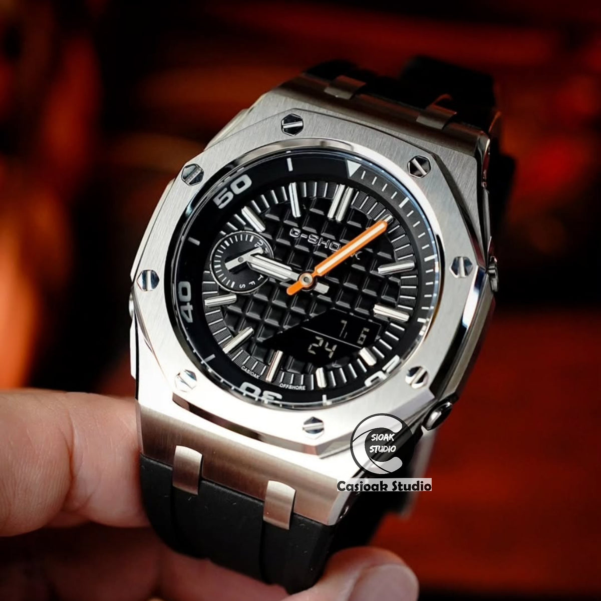 Casioak Mod Watch NEW Offshore Superior Silver Case Black Rubber Strap Black Time Mark Black Dials 44mm