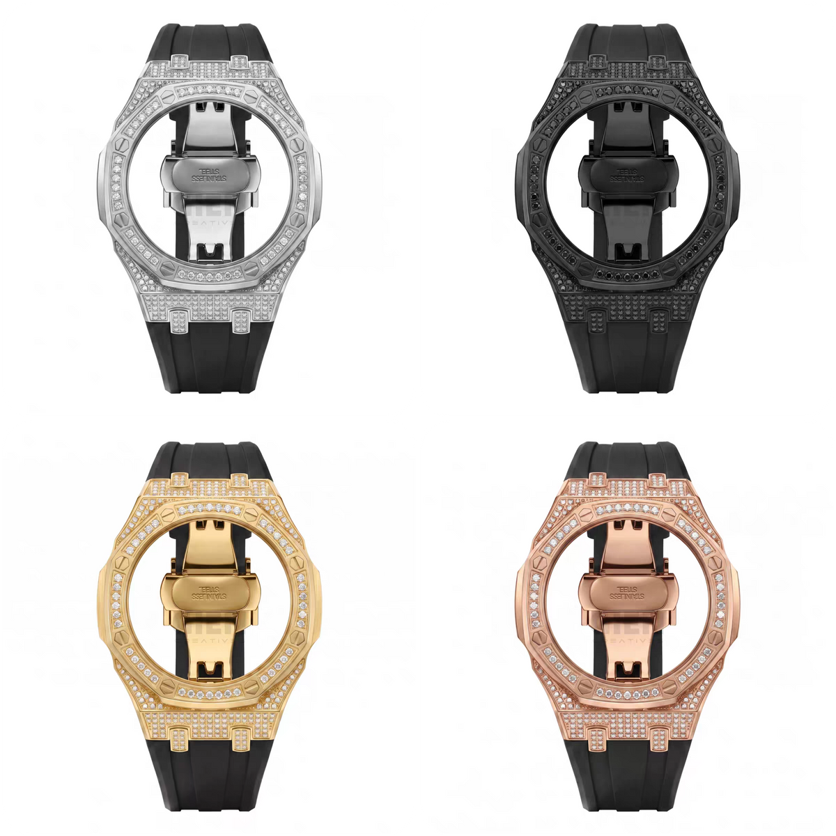 Casioak Mod Watch Diamond Style Silver Case Pink Strap Black Pink Time Mark Diamond Style Dials 44mm