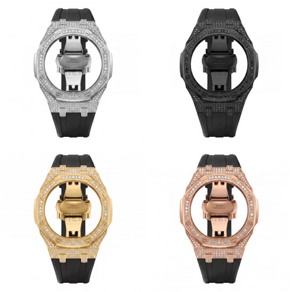 Casioak Mod Watch Diamond Style Silver Case Pink Strap Black Pink Time Mark Diamond Style Dials 44mm