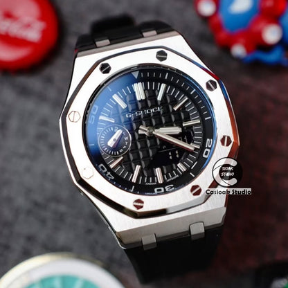 Casioak Mod Zegarek NOWY Offshore Superior Srebrna Koperta Czarny Gumowy Pasek Czarne Wskazówki Czasu Czarne Tarcze 44mm