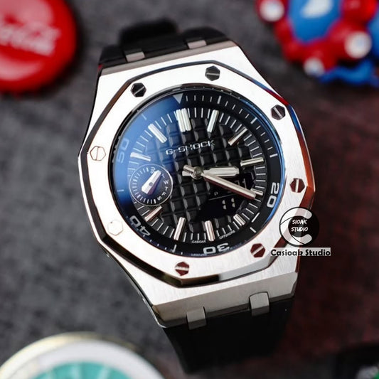 Casioak Mod Uhr NEU Offshore Superior Silbergehäuse Schwarzes Kautschukarmband Schwarze Zeitmarkierung Schwarze Zifferblätter 44mm