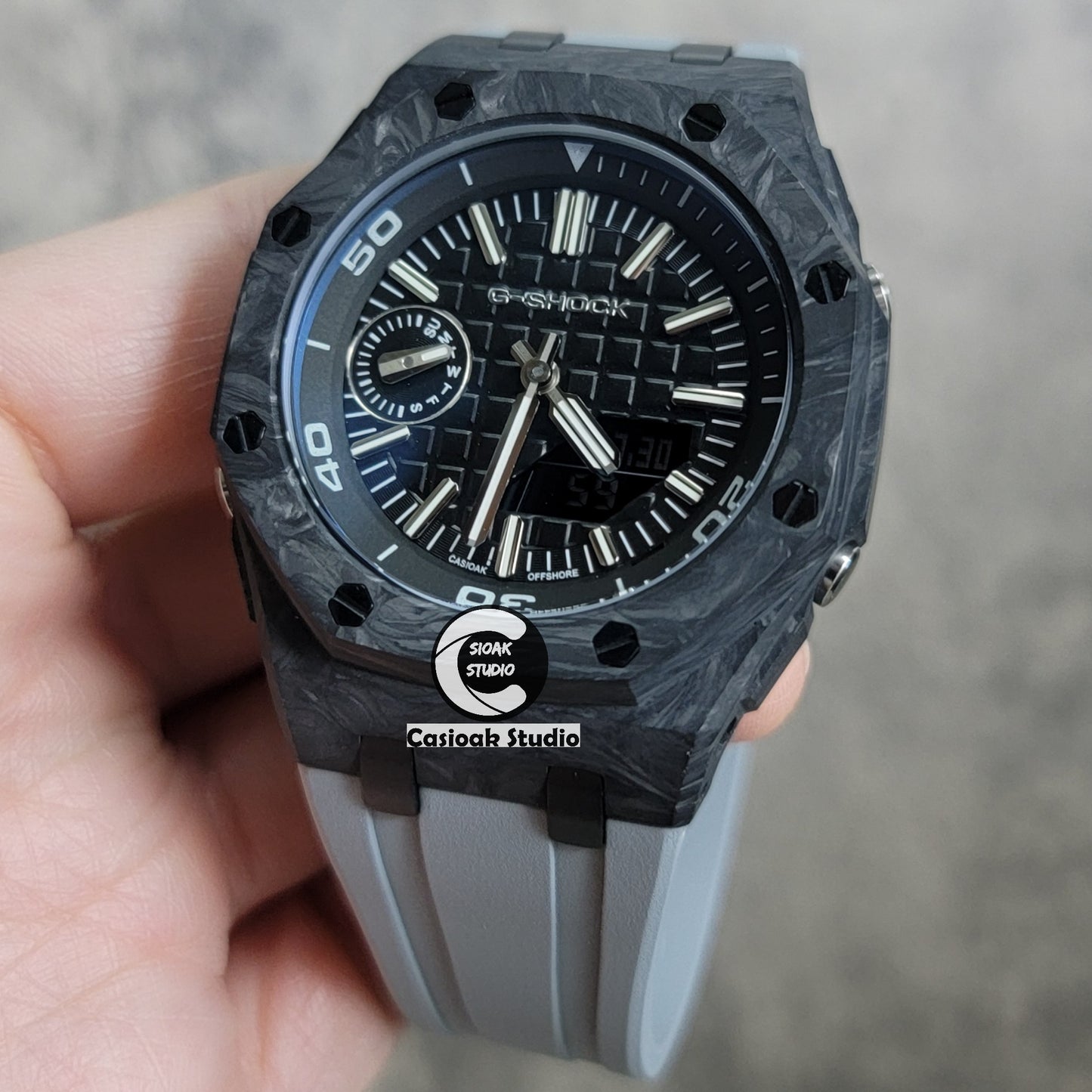 Casioak Mod Watch NEW Carbon Fiber Offshore Superior Black Case Gray Strap Black Silver Time Mark Black Dial 44mm