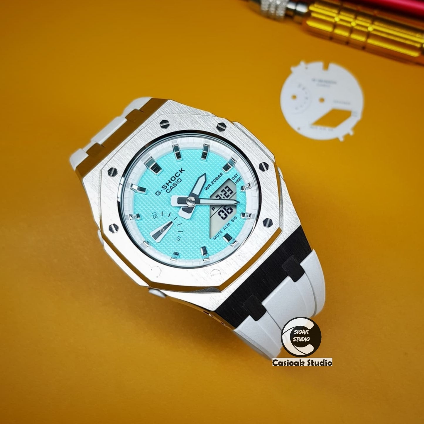 Casioak Mod Watch Silver Case White Rubber Strap White Silver Time Mark Tiff Blue Dials 42mm