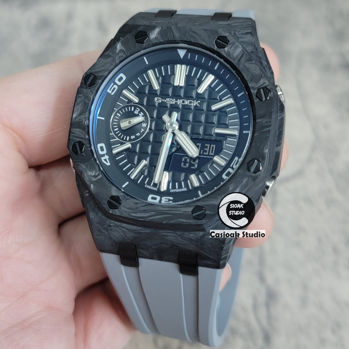 Casioak Mod Watch NEW Carbon Fiber Offshore Superior Black Case Gray Strap Black Silver Time Mark Black Dial 44mm