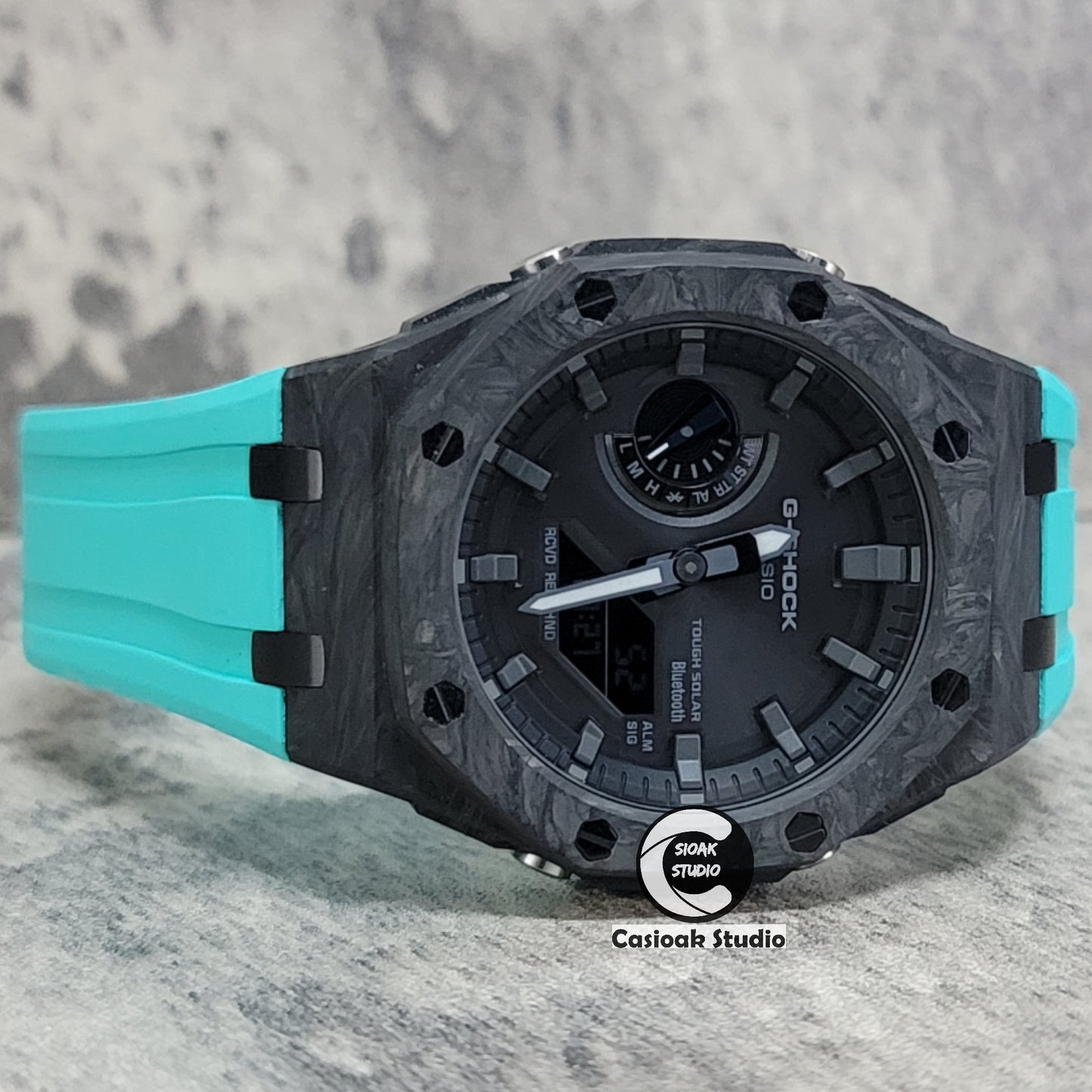 Casioak Mod Watch Solar Bluetooth Carbon Fiber Offshore Superior Black Case Tiff Rubber Strap Black Grey Time Mark Black Dial 44mm