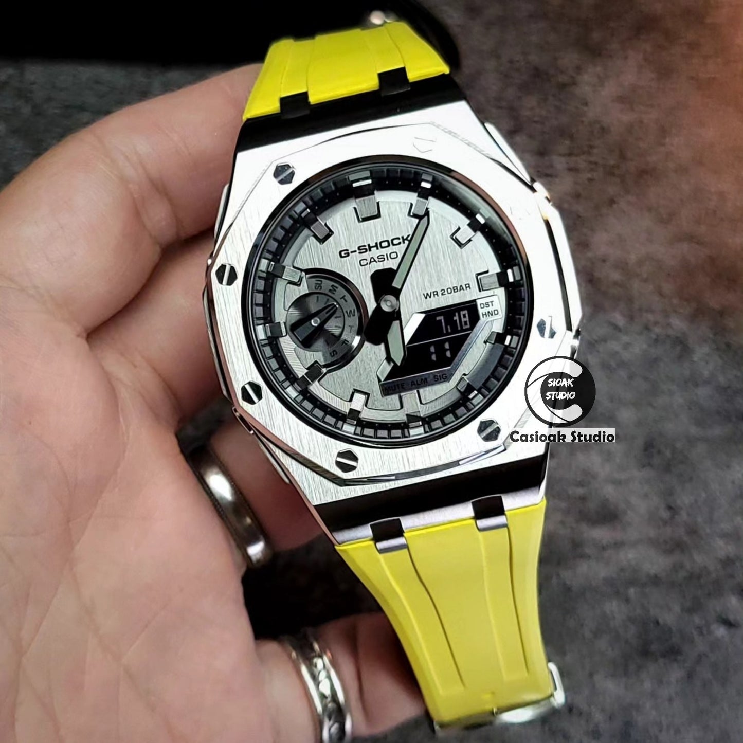 Casioak Mod Watch Offshore Superior Silver Case Yellow Rubber Strap Silver Time Mark Gray Dials 44mm