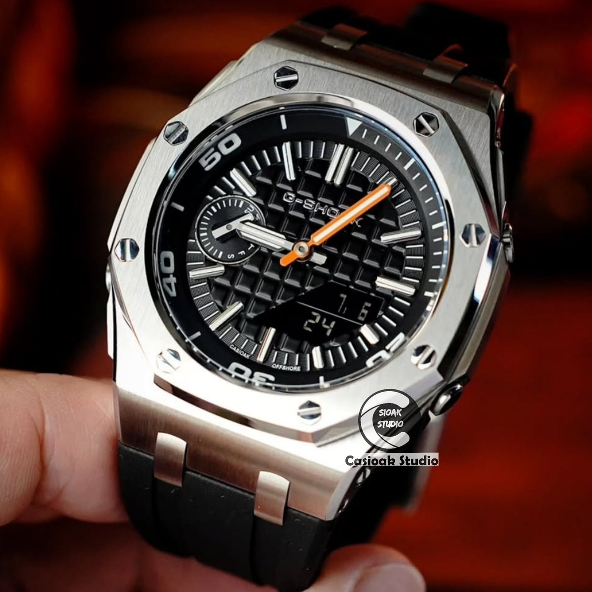 Casioak Mod Watch NEW Offshore Superior Silver Case Black Rubber Strap Black Time Mark Black Dials 44mm