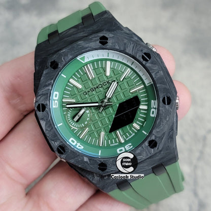 Casioak Mod Watch NEW Carbon Fiber Offshore Superior Black Case Green Strap Green Silver Time Mark Green Dial 44mm