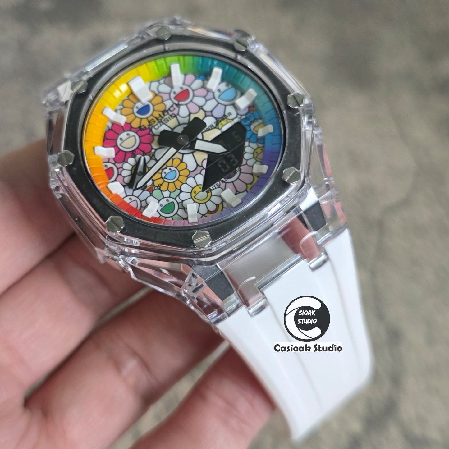 Casioak Mod Watch Transparent Case Strap Rainbow White Time Mark Takashi Murakami Dials 44mm