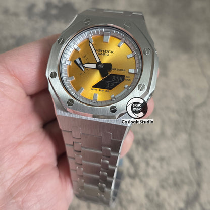 Casioak Mod Watch Silver Case Metal Strap Silver Time Mark Gold Dials 44mm
