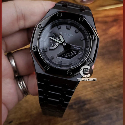 Casioak Mod Watch Polished Black Case Metal Strap Black Time Mark Black Dials 44mm
