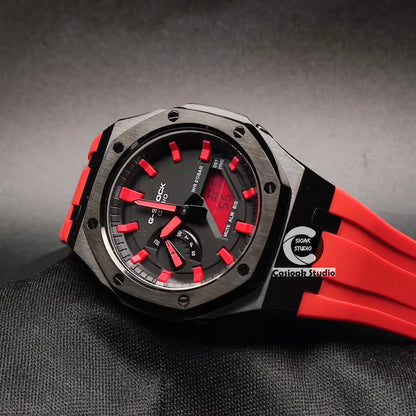 Casioak Mod Watch Black Case Red Rubber Strap Black Red Time Mark Black Dials 44mm