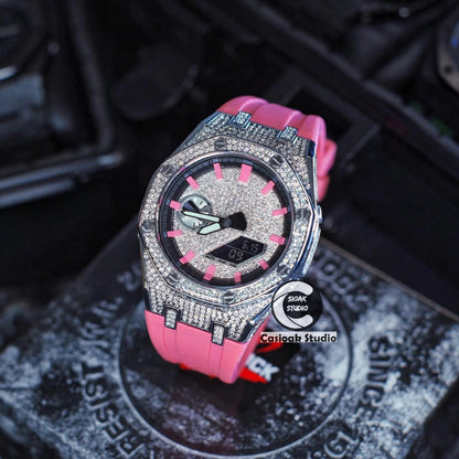Casioak Mod Watch Diamond Style Silver Case Pink Strap Black Pink Time Mark Diamond Style Dials 44mm