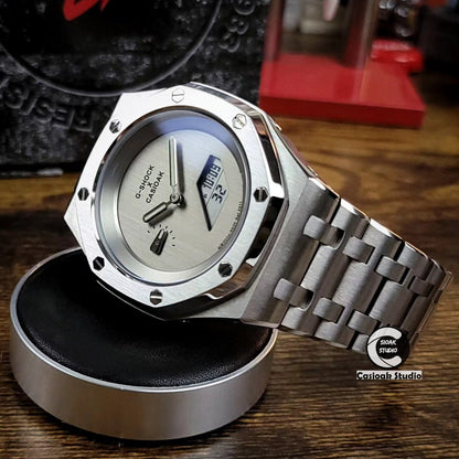Casioak Mod Watch NEW Silver Case Metal Strap Silver Dials 44mm