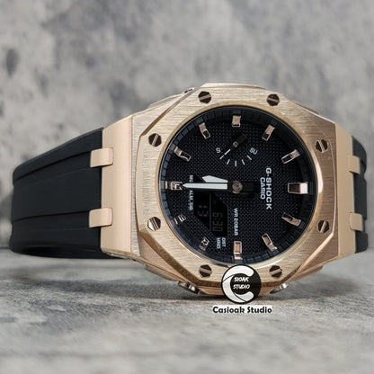 Casioak Mod Watch Offshore Superior Rosegold Case Black Rubber Strap Black Rosegold Time Mark Black Waffle Dial 44mm