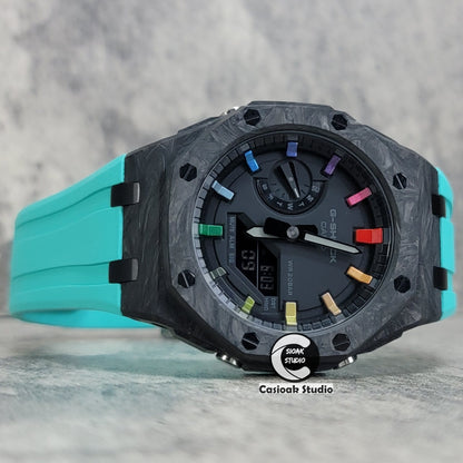 Casioak Mod Watch Carbon Fiber Offshore Superior Black Case Tiff Rubber Strap Black Rainbow Time Mark Black Dial 44mm