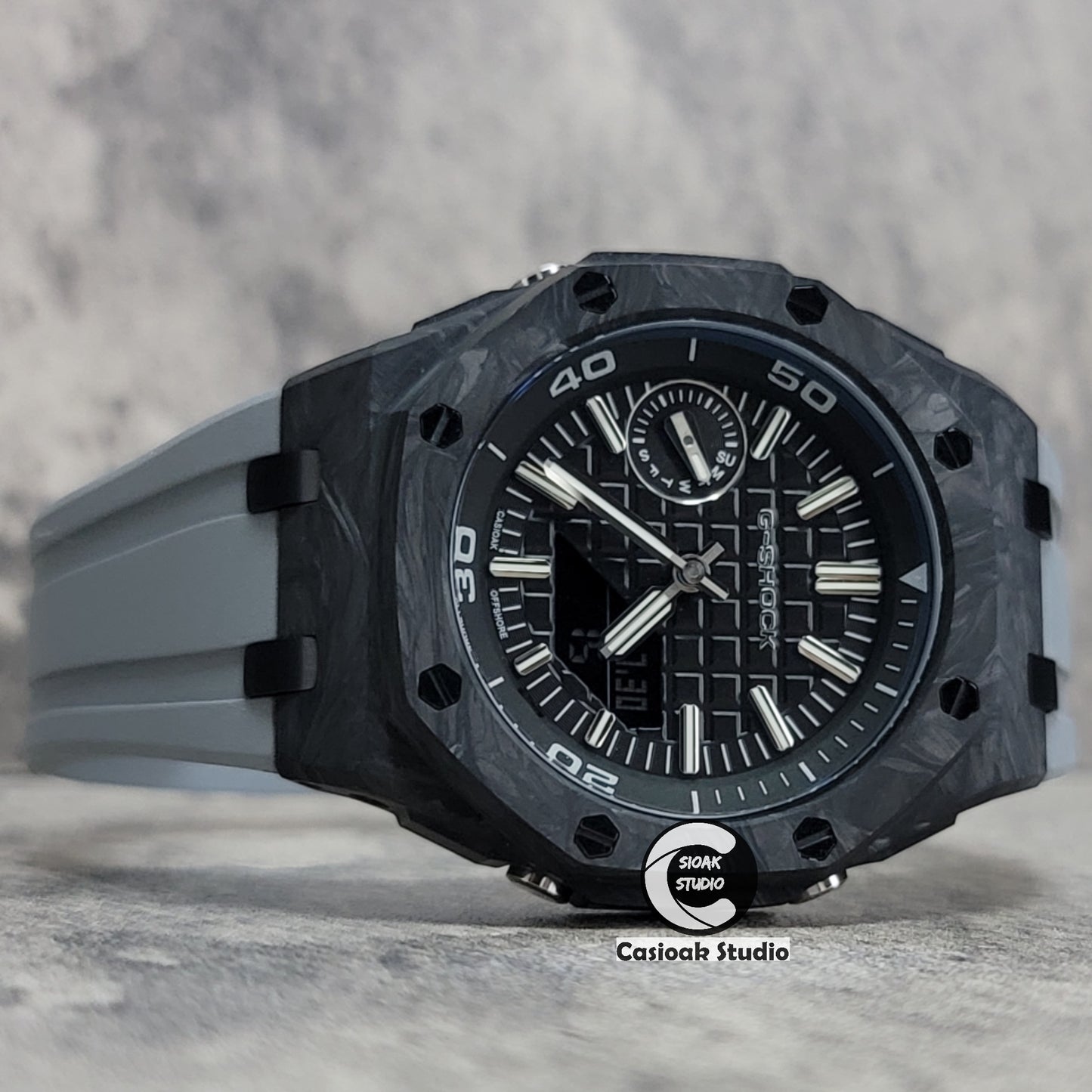 Casioak Mod Watch NEW Carbon Fiber Offshore Superior Black Case Gray Strap Black Silver Time Mark Black Dial 44mm