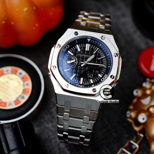 Casioak Mod Watch NEW Offshore Superior Silver Case Metal Strap Black Time Mark Black Dials 44mm