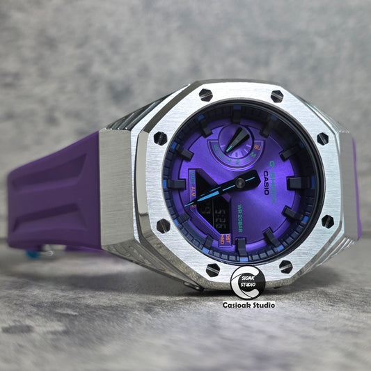 Casioak Mod Watch Black Panther Hb Silver Case Purple Strap Purple Black Time Mark Purple Dials 44mm