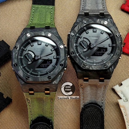 Casioak Mod Solar Watch Carbon Fiber Offshore Superior Black Case Green Nylon Canvas Strap Black Time Mark Black Dials 44mm