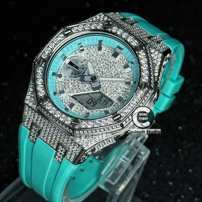 Casioak Mod Watch Diamond Style Silver Case Tiff Strap Tiff Silver Time Mark Diamond Style Dials 44mm