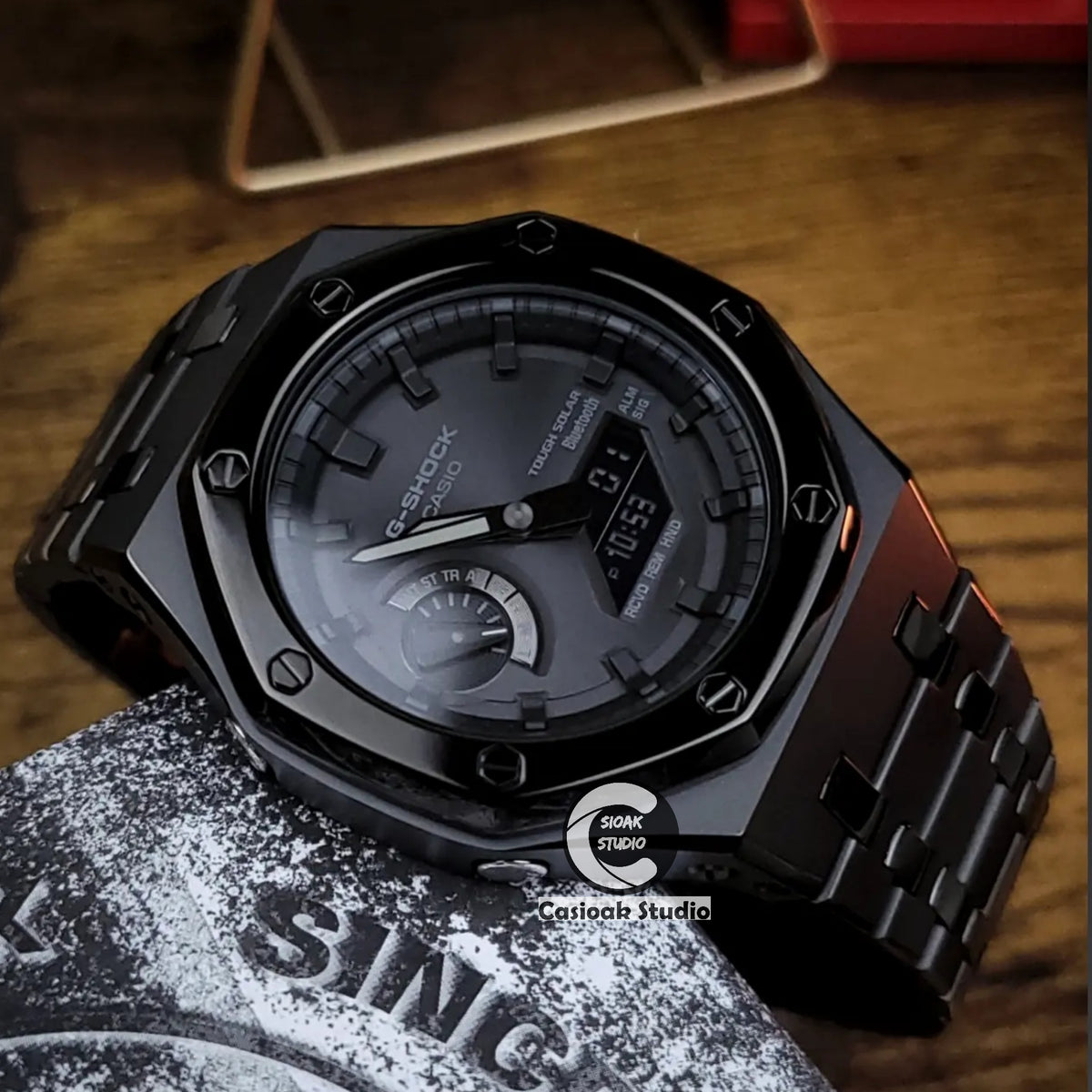 Casioak Mod Watch Polished Black Case Metal Strap Black Time Mark Black Dials 44mm
