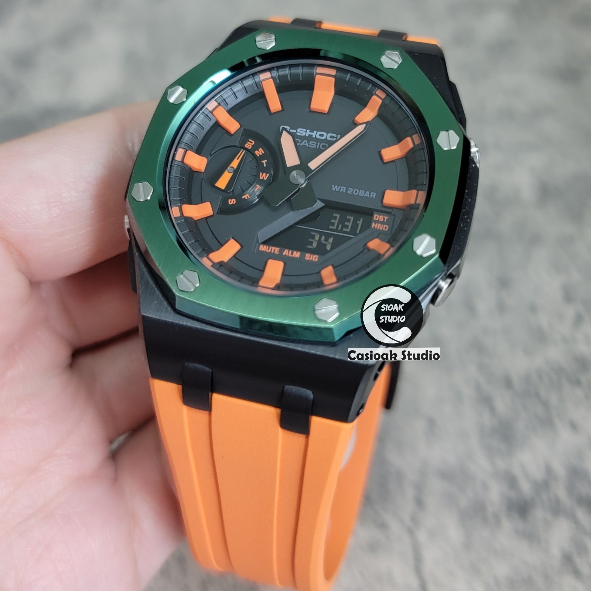 Casioak Mod Watch Offshore Superior Black Green Case Orange Rubber Strap Black Orange Time Mark Black Dial 44mm - Casioak Studio