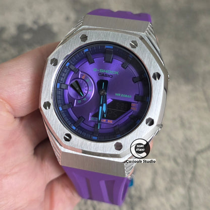 Casioak Mod Watch Black Panther Hb Silver Case Purple Strap Purple Black Time Mark Purple Dials 44mm