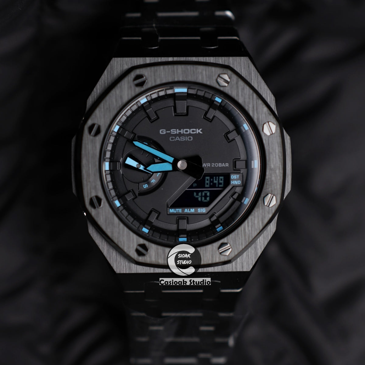 Casioak Mod Watch Black Case Metal Strap Black Time Mark Black Dials Blue 44mm