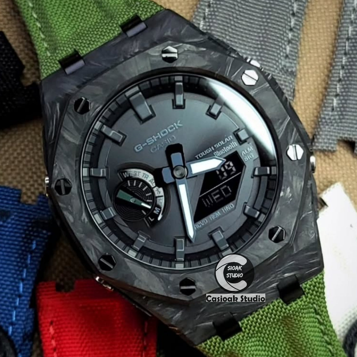 Casioak Mod Solar Watch Carbon Fiber Offshore Superior Black Case Green Nylon Canvas Strap Black Time Mark Black Dials 44mm