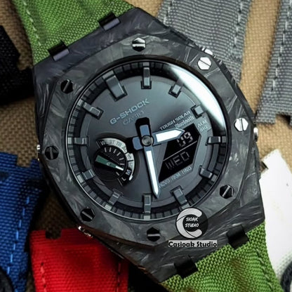 Casioak Mod Solar Watch Carbon Fiber Offshore Superior Black Case Green Nylon Canvas Strap Black Time Mark Black Dials 44mm