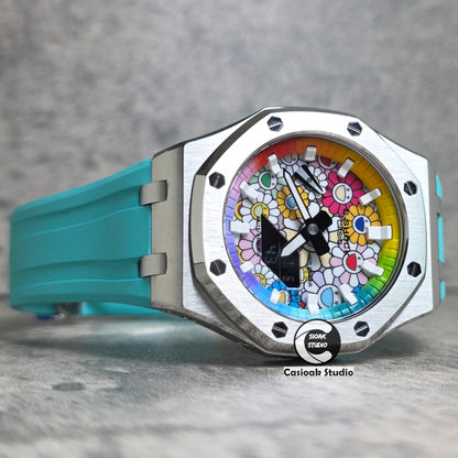 Casioak Mod Watch Offshore Superior Silver Case Tiff Rubber Strap Rainbow White Time Mark  Takashi Murakami Flower Dials 44mm