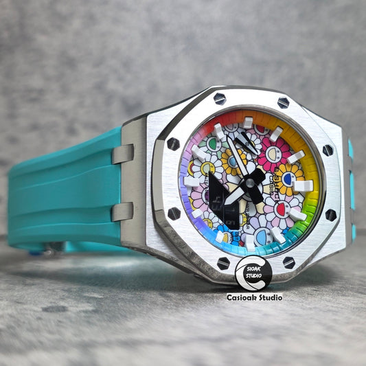 Casioak Mod Watch Offshore Superior Silver Case Tiff Rubber Strap Rainbow White Time Mark  Takashi Murakami Flower Dials 44mm