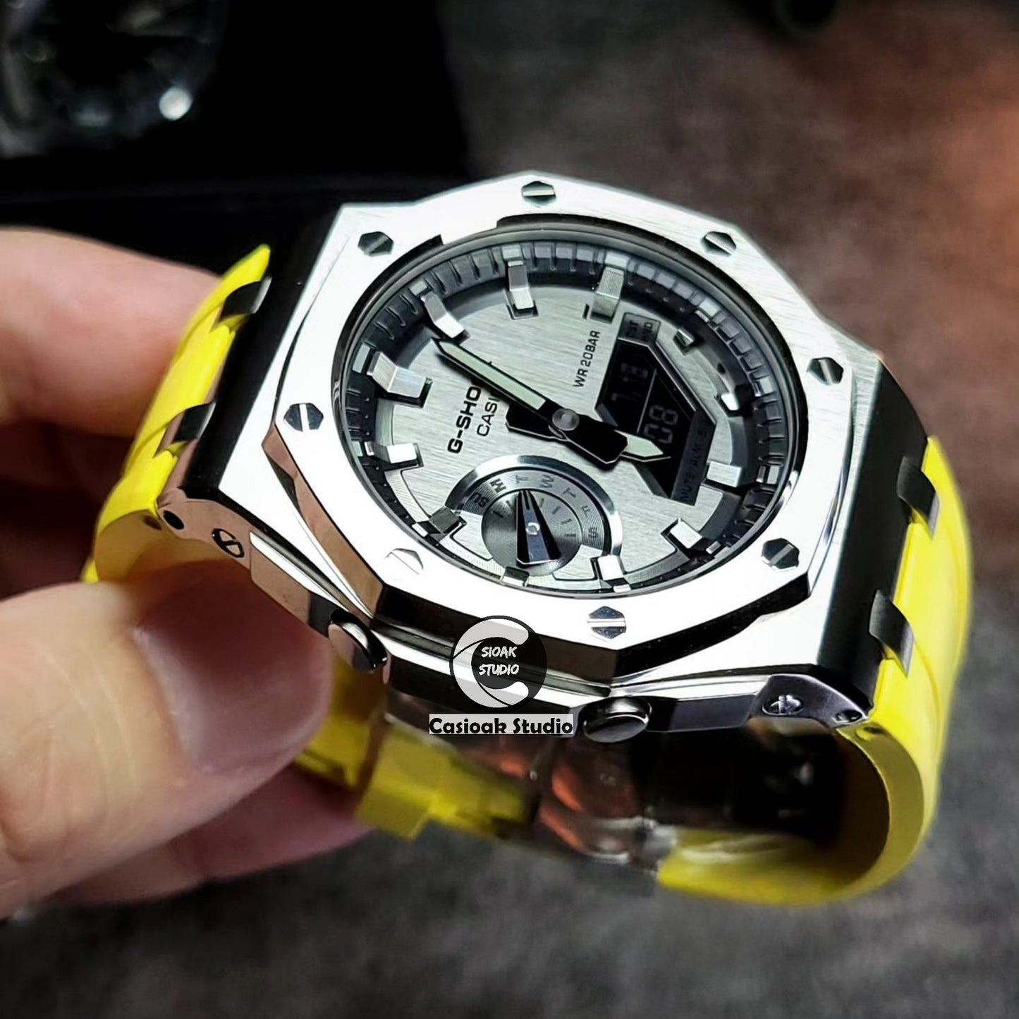 Casioak Mod Watch Offshore Superior Silver Case Yellow Rubber Strap Silver Time Mark Gray Dials 44mm