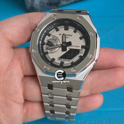 Casioak Mod Watch Polished Silver Case Metal Strap Black Time Mark Metallic Grey Dials 44mm