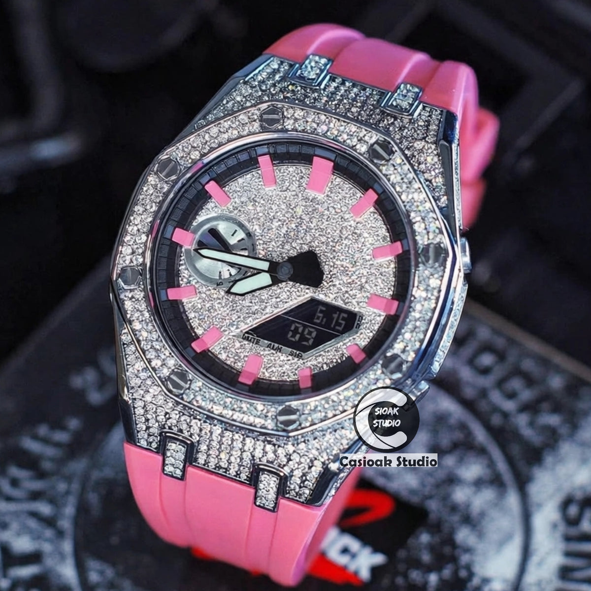 Casioak Mod Watch Diamond Style Silver Case Pink Strap Black Pink Time Mark Diamond Style Dials 44mm
