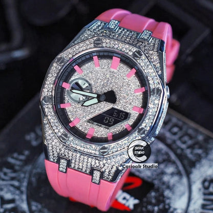 Casioak Mod Watch Diamond Style Silver Case Pink Strap Black Pink Time Mark Diamond Style Dials 44mm