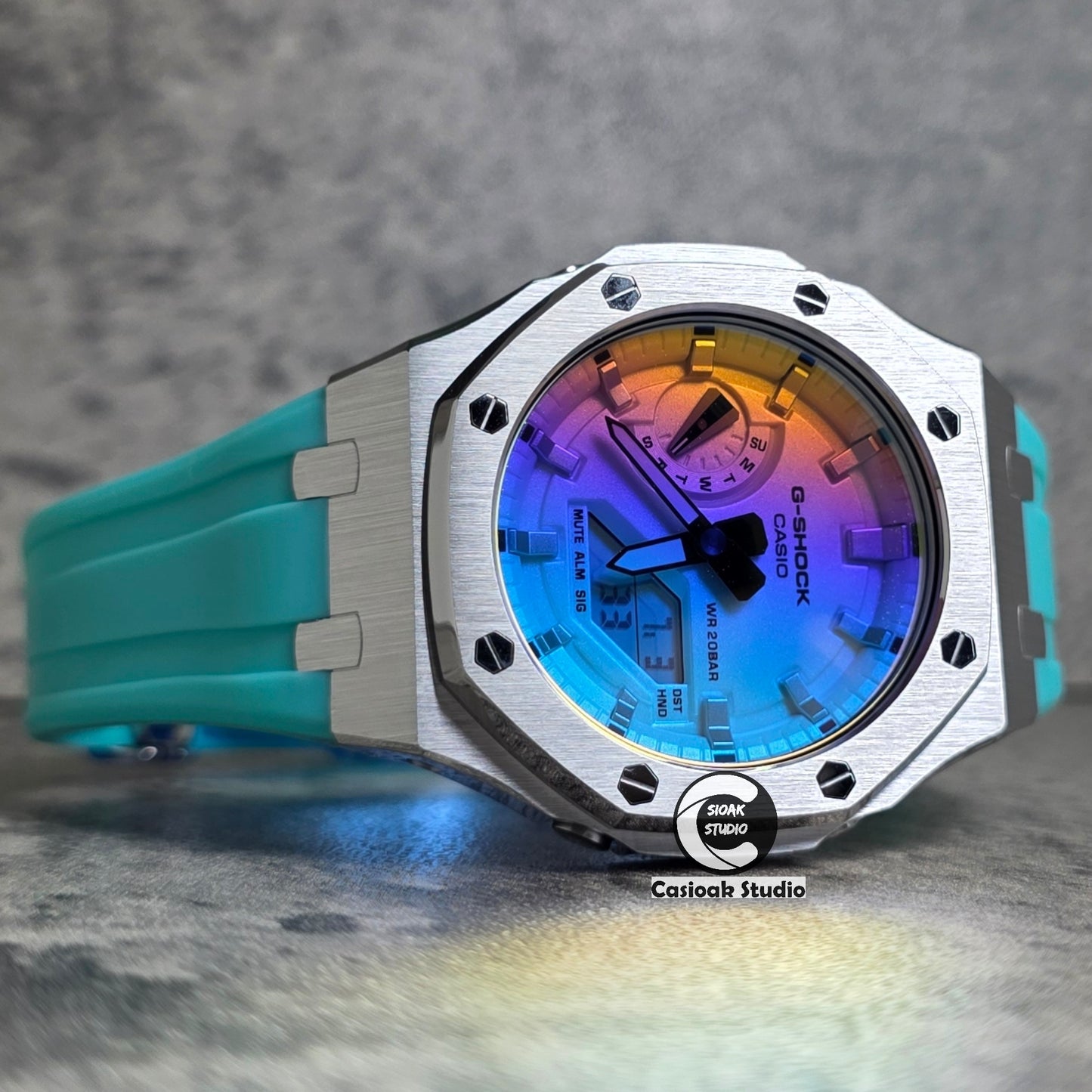Casioak Mod Watch Silver Case Tiff Rubber Strap 44mm Ga2100 Full-Surface Gradated Crystal