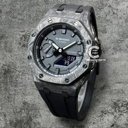 Montre mod Casioak en fibre de carbone, boîtier noir Offshore Superior, bracelet noir, index noirs, cadrans noirs, 44mm