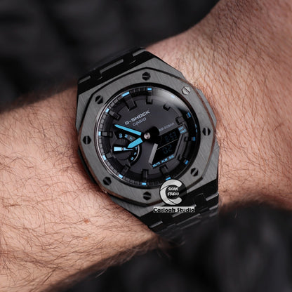Casioak Mod Watch Black Case Metal Strap Black Time Mark Black Dials Blue 44mm