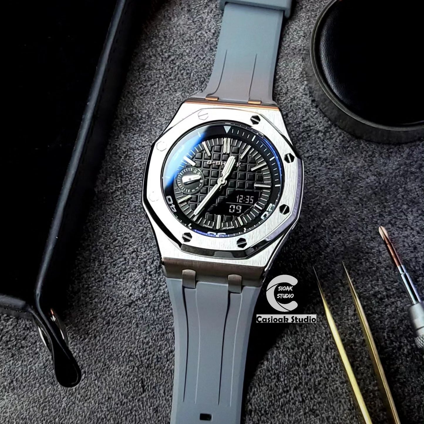 Casioak Mod Watch NEW Offshore Superior Silver Case Gray Rubber Strap Black Time Mark Black Dials 44mm