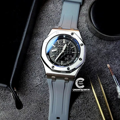 Casioak Mod Watch NEW Offshore Superior Silver Case Gray Rubber Strap Black Time Mark Black Dials 44mm