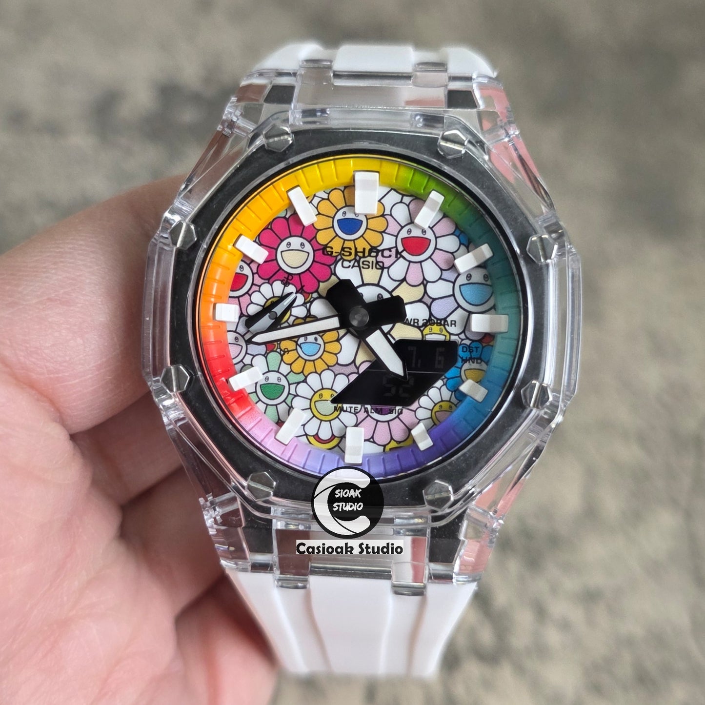 Casioak Mod Watch Transparent Case Strap Rainbow White Time Mark Takashi Murakami Dials 44mm