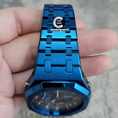 Casioak Mod Watch Blue Case Metal Strap Black Rosegold Time Mark Blue Waffle Dial 44mm