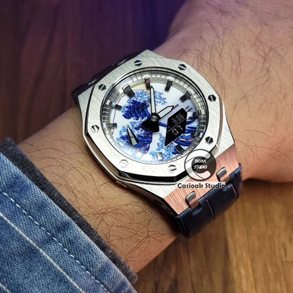 Casioak Mod Offshore Superior Silver Case Black Rubber Strap Silver Time Mark Kanagawa Wave Blue White Dials 44mm