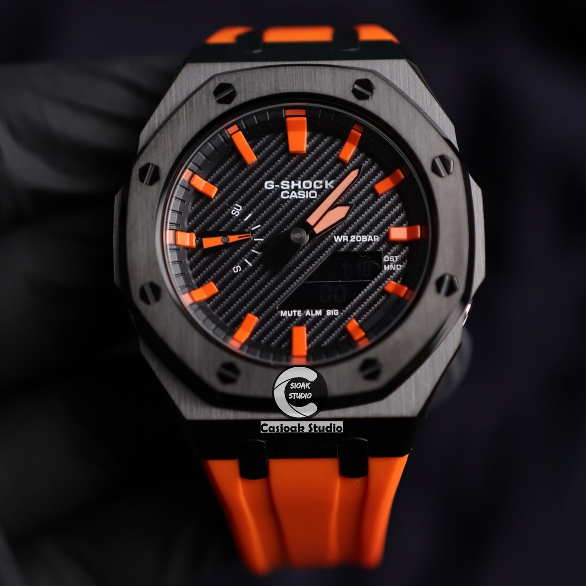 Casioak Mod Watch Standard Black Case Orange Rubber Strap Black Orange Time Mark Black Carbon Dials 44mm