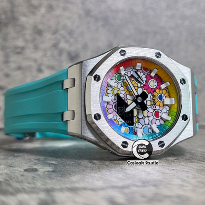 Casioak Mod Watch Offshore Superior Silver Case Tiff Rubber Strap Rainbow White Time Mark  Takashi Murakami Flower Dials 44mm