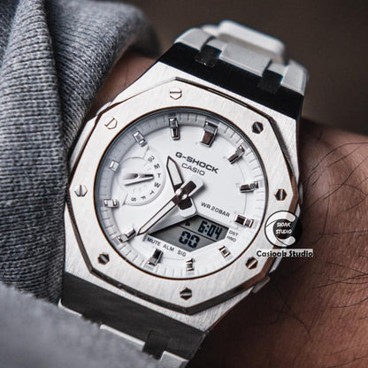 Casioak Mod Watch Silver Case White Rubber Strap White Silver Time Mark White Dials 42mm